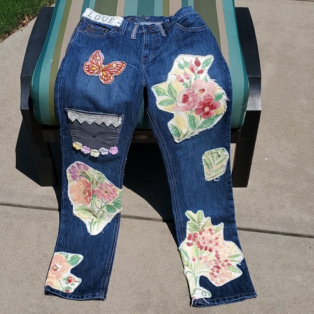 Hey Sue! Upcycled Butterflies & Flowers Frayed Stretch Jeans BoHo Party Pants 6